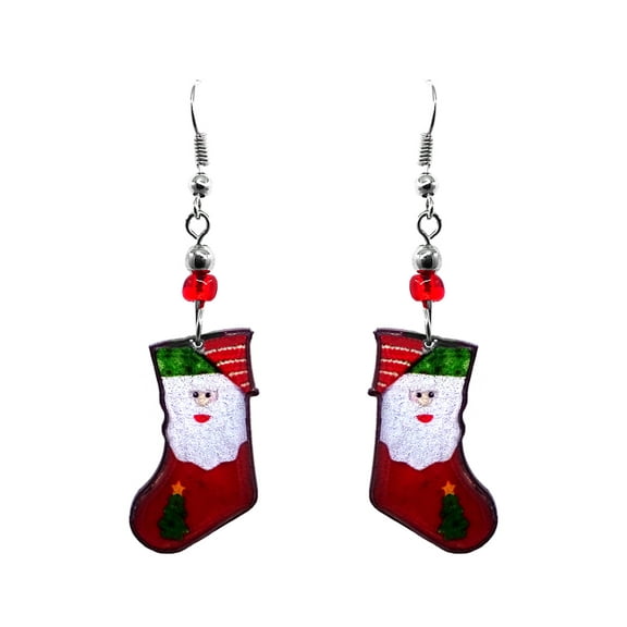 Santa Stocking Christmas Themed Graphic Dangle Earrings - Womens Fashion Handmade Jewelry Holiday Accessories