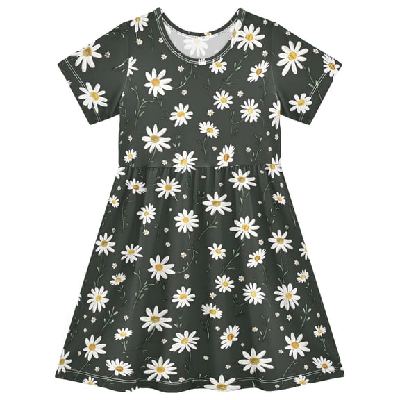 Daisies Short Sleeve Dress A-Line Cute Midi Casual Sundress 2-8 Years