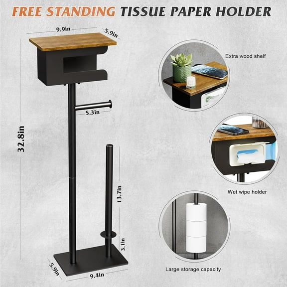 Free Standing Toilet Paper Holder with Shelf & Wipes Storage, Heavy Duty No Tip Over, Large Roll Compatible