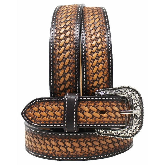 34  Unisex 1.5" Western Basketweave Tooled Full-Grain Leather Belt 26RT56