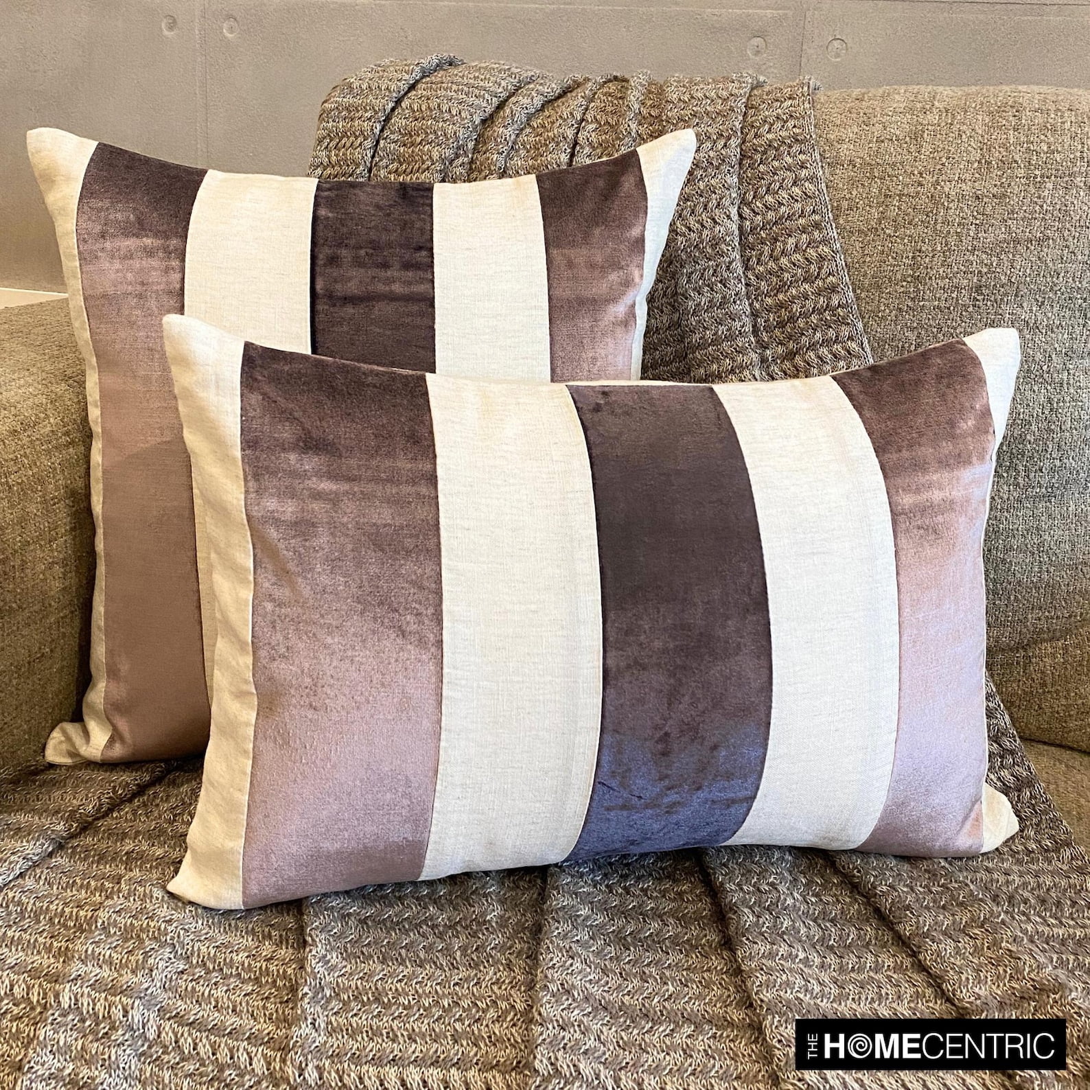 The HomeCentric Pillow Case Covers, Aubergine Pack of 2, 24x24 inch (60x60 cm) Throw Pillows, Velvet Patchwork Throw Pillows For Couch, Striped Pattern Modern Style Easter - Velvet Band Aubergine