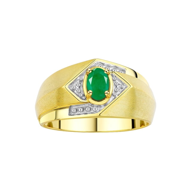 RYLOS Mens Rings Yellow Gold Plated Silver Ring 6X4MM Oval Shape Gemstone & Diamond Ring Emerald May Birthstone Rings For Man Silver Rings, Size 10