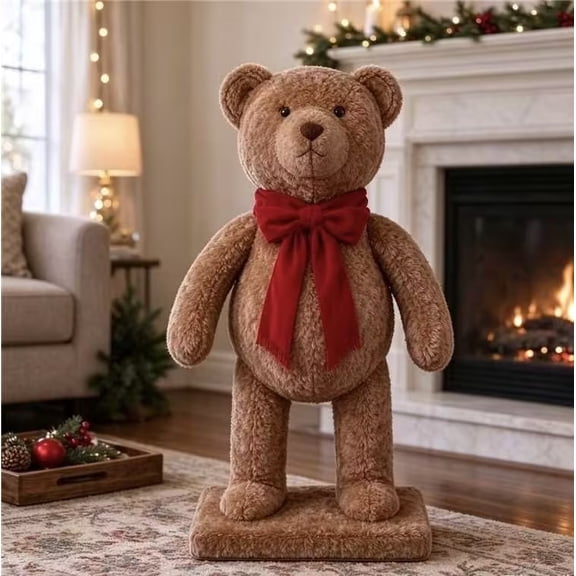 Faux Rattan Resin Bear Figurine with Red Velvet Bow, Rustic Woven Christmas Bear Statue for Holiday Home Mantel Porch Table Decor Gift