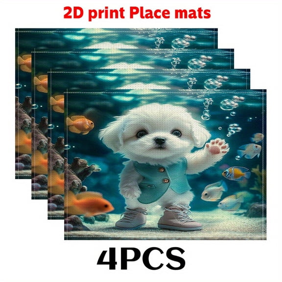 4pcs Aquarium Place mats (2D print)Puppy Aquarium 12X18in-Trendy Table Overlay for Artistic DINING DECORATION, Bohemian Spaces