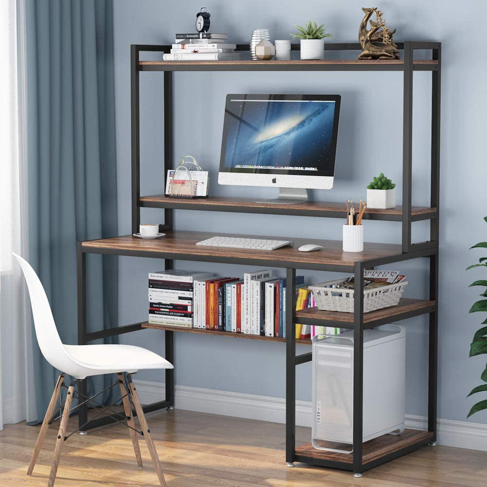 Computer Desk with Shelves Writing Study Desk with Monitor Stand Shelf/Bookshelves/CPU Stand,Modern Study Table Stable Metal Frame Student Desk for Small Space Home Office Workstation Walnut