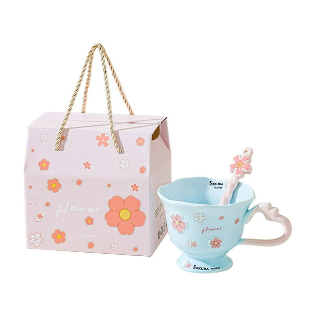 Taza de café de cerámica estética para , leche, cacao, café, taza floral femenina, regalo de cumpleaños de Valentín para mujeres y niñas. Azul
