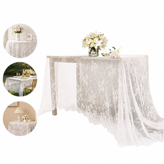 White Lace Tablecloth 59×118 Inch Rectangle, Vintage Embroidered Sheer Overlay for Wedding Party Home Decor