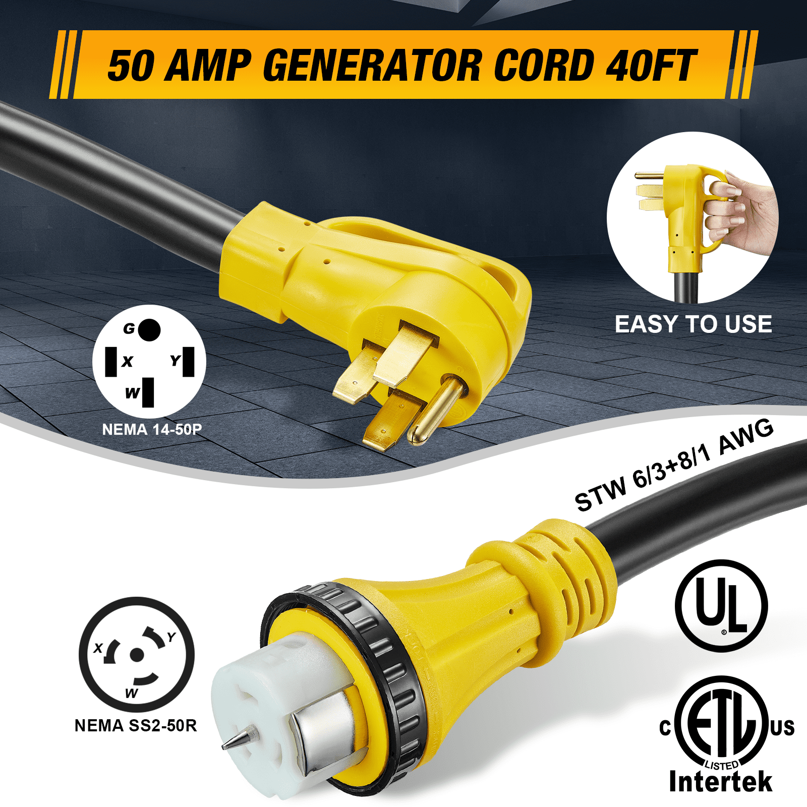 SPEEDWOW 40 FT 50 Amp RV Extension Cord, 125/250V Heavy Duty Extension Cord with Generator Inlet Box, 6/3+8/1 Gauge STW ETL Listed, NEMA 14-50P to SS2-50R, Waterproof Power Cord for RV Outdoor Home