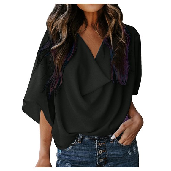 QQAMB Womens T-Shirts 3/4 Sleeve V-Neck Solid Color Wrap Draped Front Blouses Tops Black 3XL