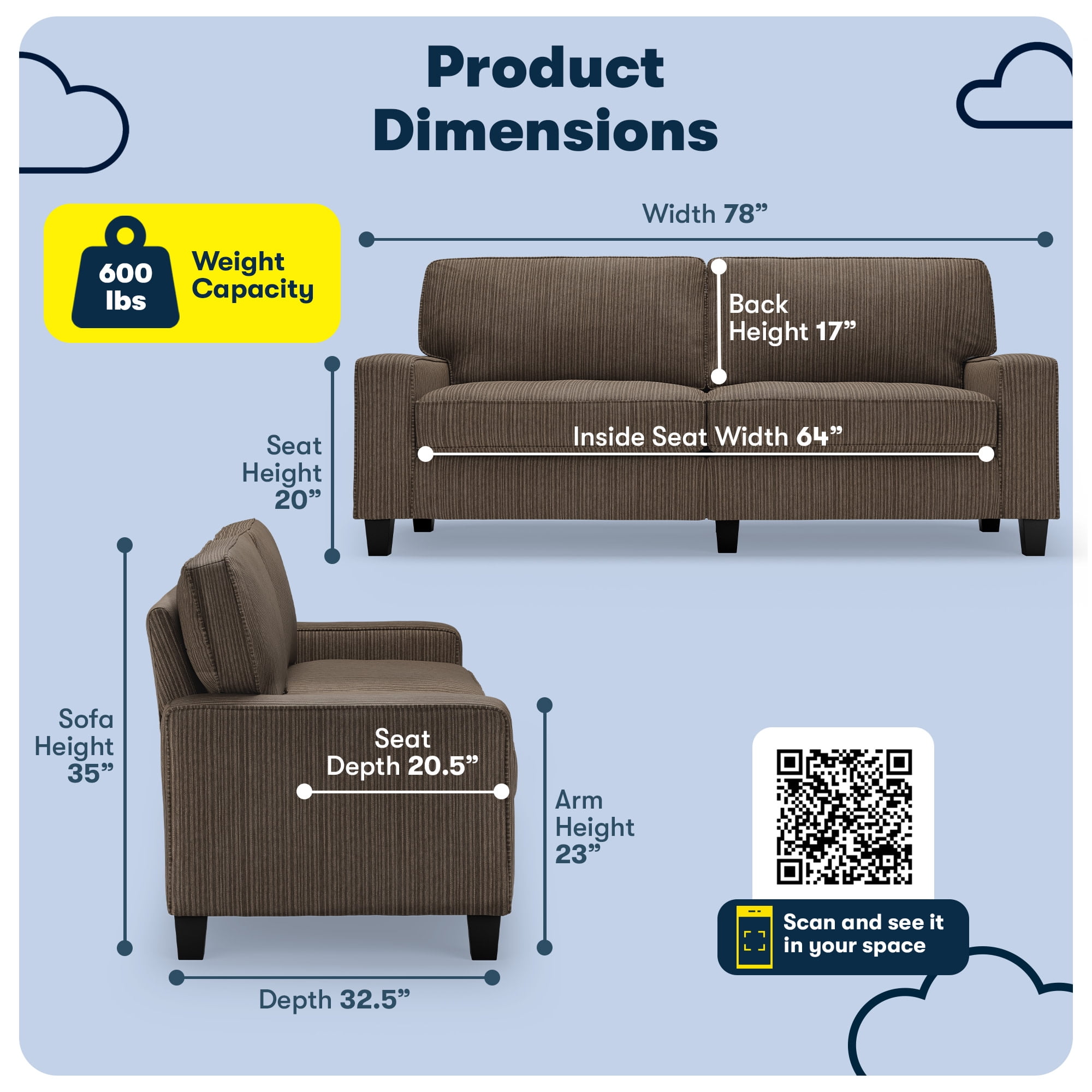 Serta Palisades 78" Track Arm Sofa, Easy Care Polyester, Loveseat or Couch for Small Spaces, Brown