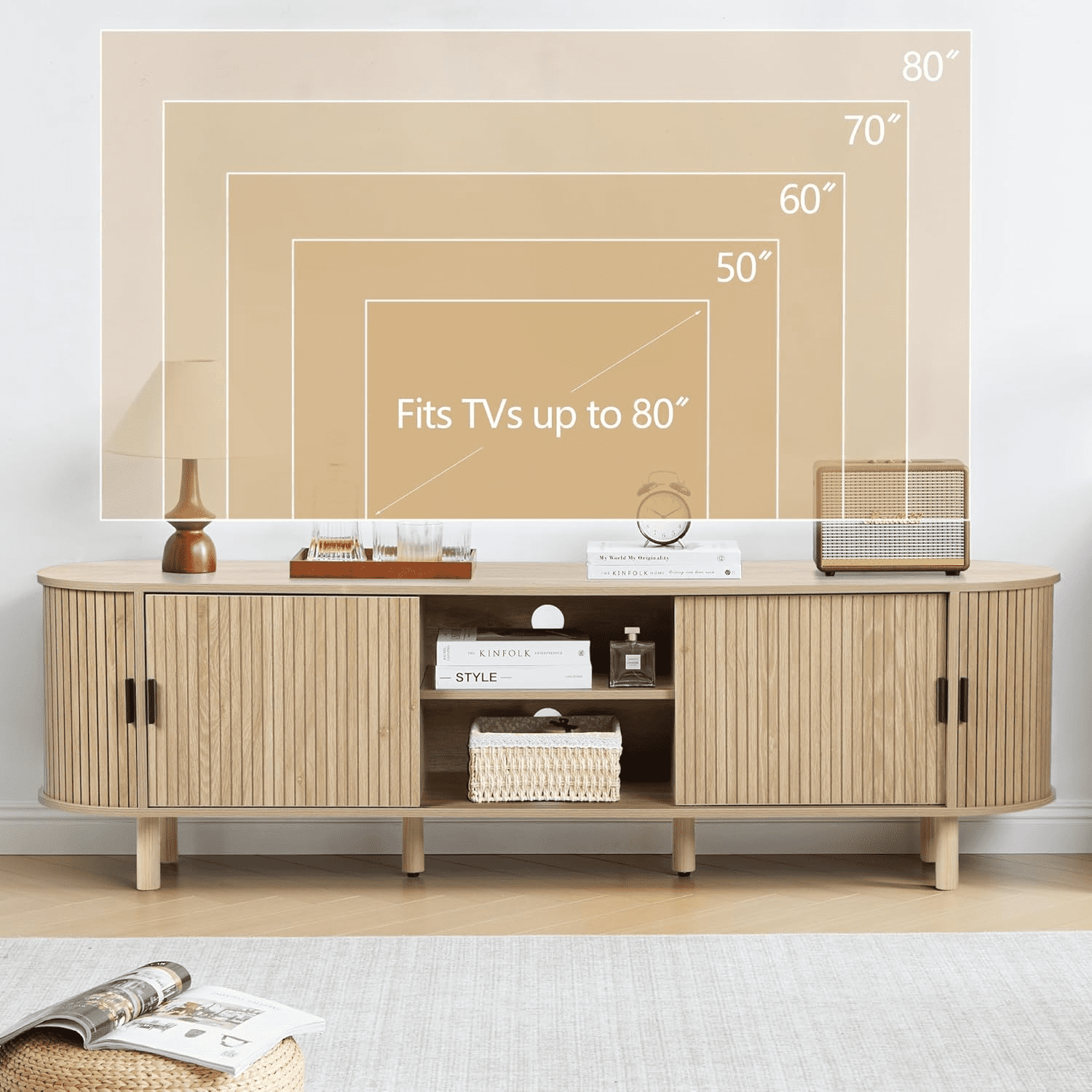 LEFHDA 70.8" Mid Century Modern TV Stand, Wood Tambour Door Entertainment Center with Storage for TVs Up to 75", Curved Edge Cabinet for Living Room Bedroom（Natural）