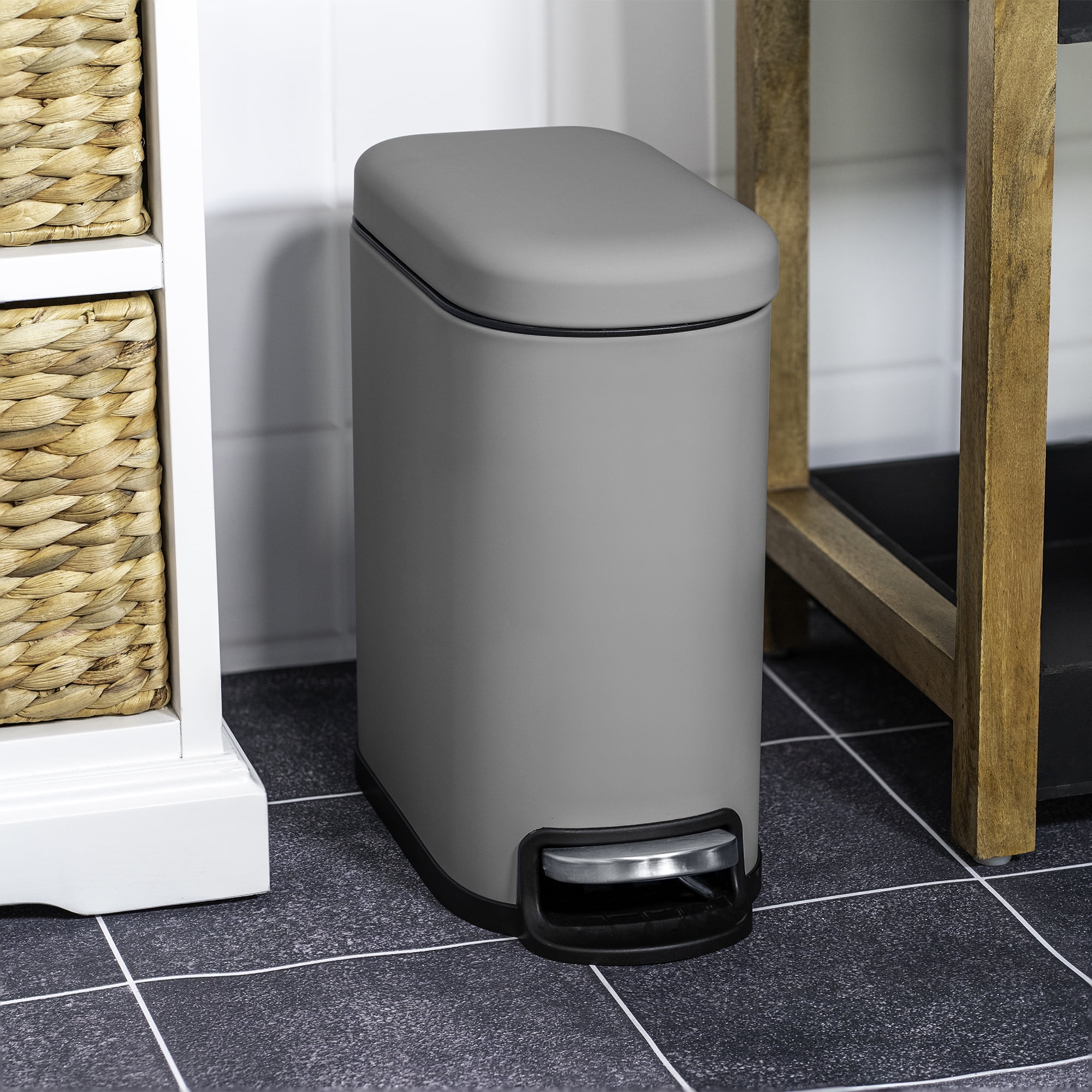 Acento Linea Slim Rectangular Step Trash Can, 1.3 Gallon Bathroom Waste Bin with Soft-Close Lid and Removable Inner Bucket, Matte Gray