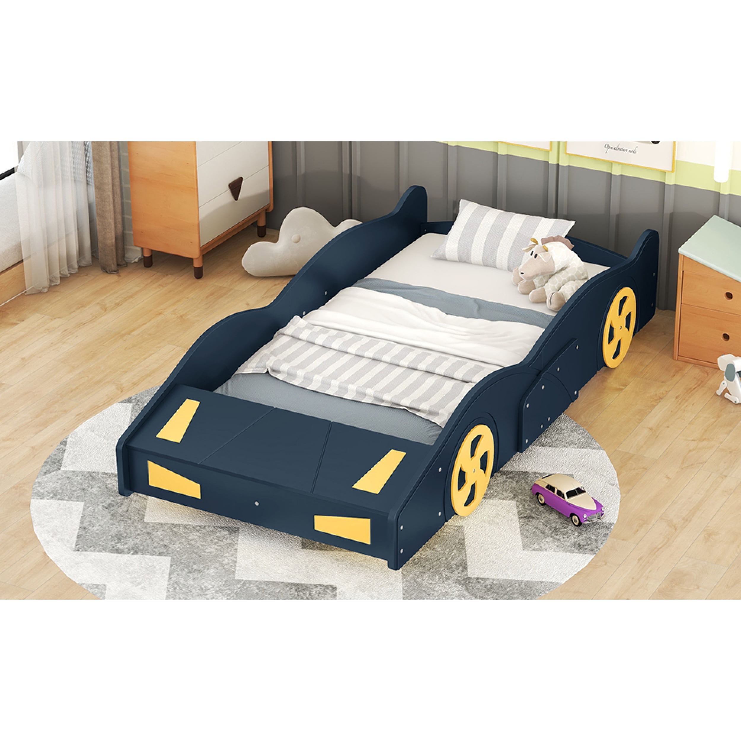 Twin Size Race Car-Shaped Platform Bed with Wheels and Storage, Dark Blue&Yellow 59AAC
