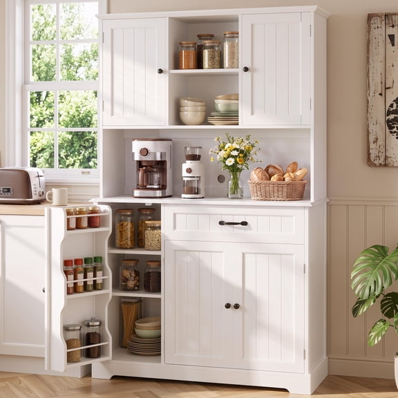 67" Kitchen Hutch Cabinet with 5 Doors and 14 Shelves, Noelse Large Wooden Kitchen Pantry Storage Cabinet with Drawer, Tall Coffee Bar for Dining Room, White