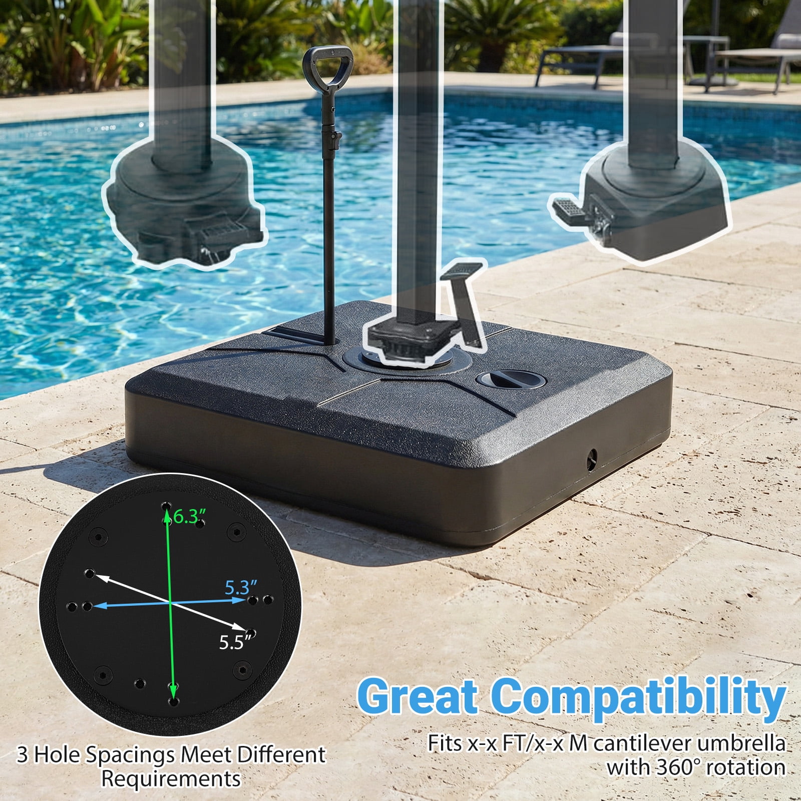 Costway Cantilever Umbrella Base with Wheels, Retractable Pull Rod, 360° Rotation for Pool