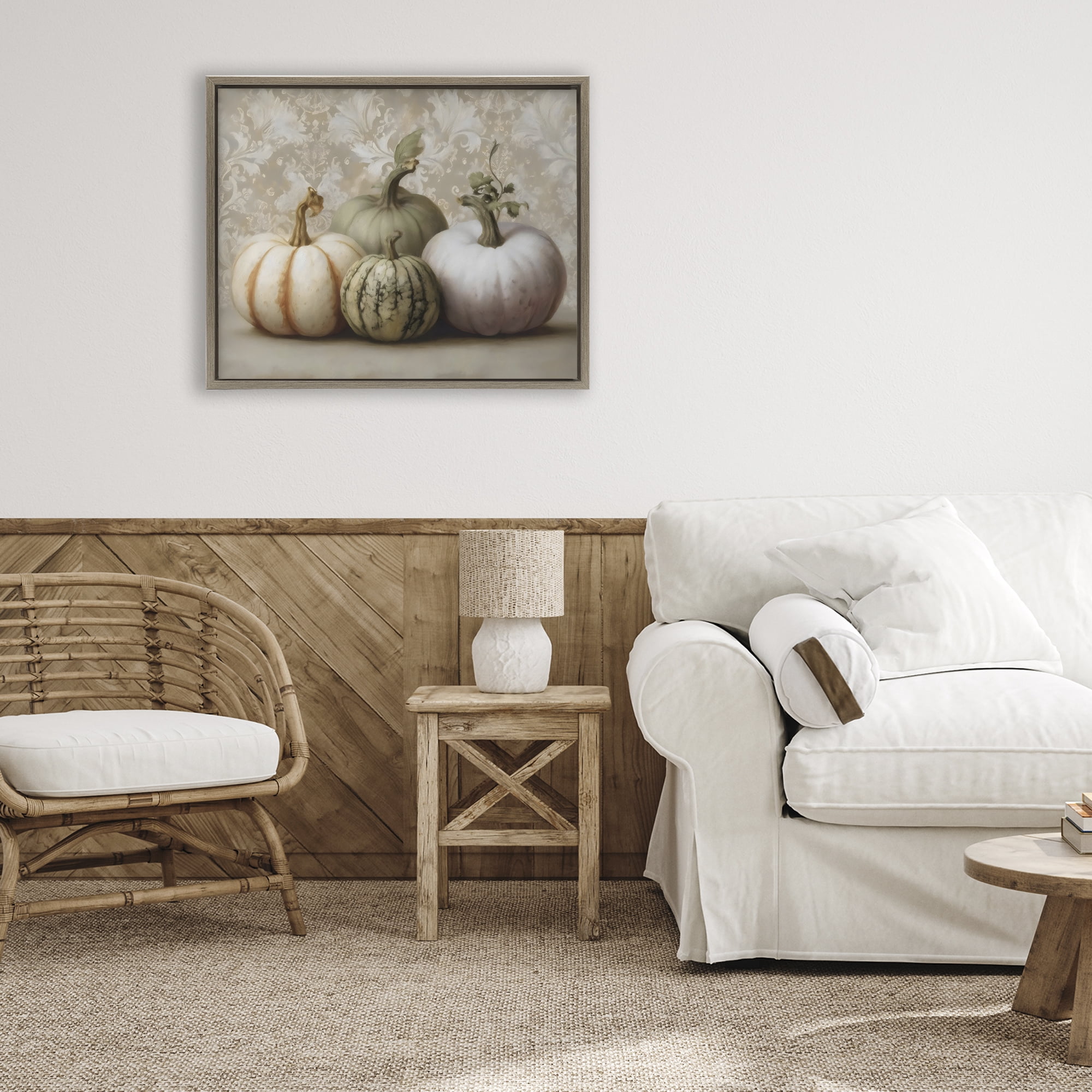 Stupell Industries Pastel Gourds on Vintage Pattern Brown Framed Floater Canvas Wall Art, design by Arlington Prints