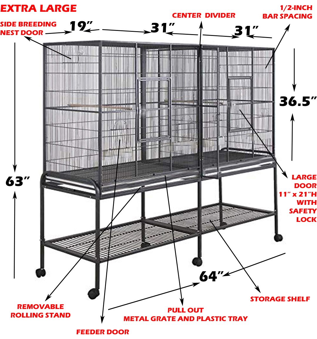 EXTRA LARGE Double Center Divider Flight Bird Breeder Rolling Cage Side Nesting Doors For Breeding Canary Parakeet Cockatiel Lovebird Finches with Removable Stand