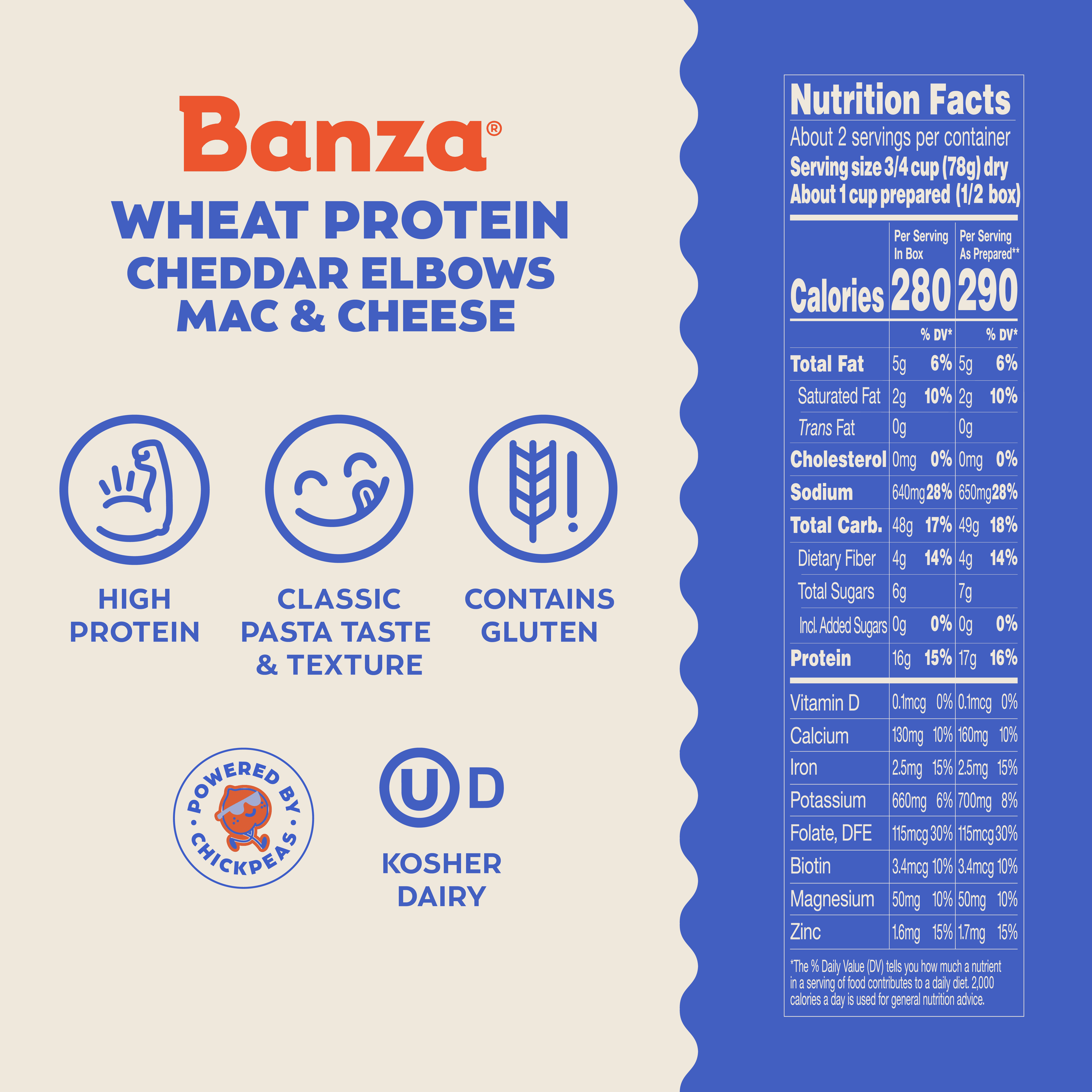 Banza Wheat Protein Cheddar Elbows Mac & Cheese – 16g Protein per Serving, No-Compromises Taste & Texture, Creamy & Cheesy, Powered by Chickpeas, 5.5oz