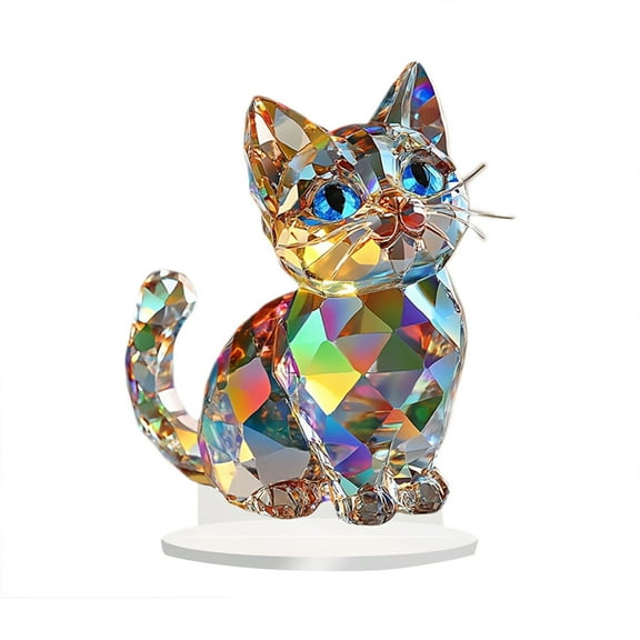 nvzhuang Flat Acrylic Ornament, Colorful Crystal Cat Desktop Decoration for Home Office Present