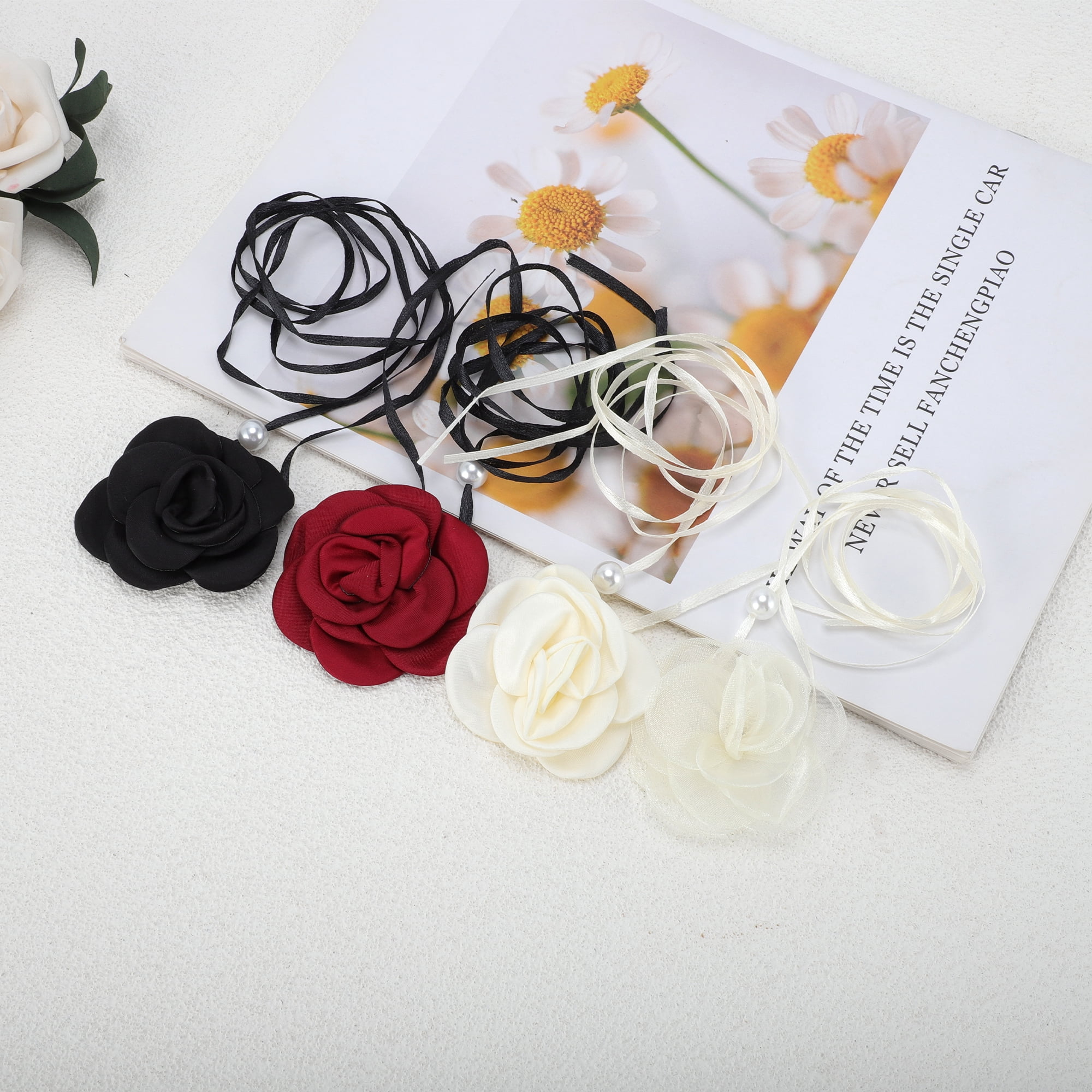 Unique Bargains Elegant Pearl Satin Rose Tie Choker Necklace 1 Pc Wine Red