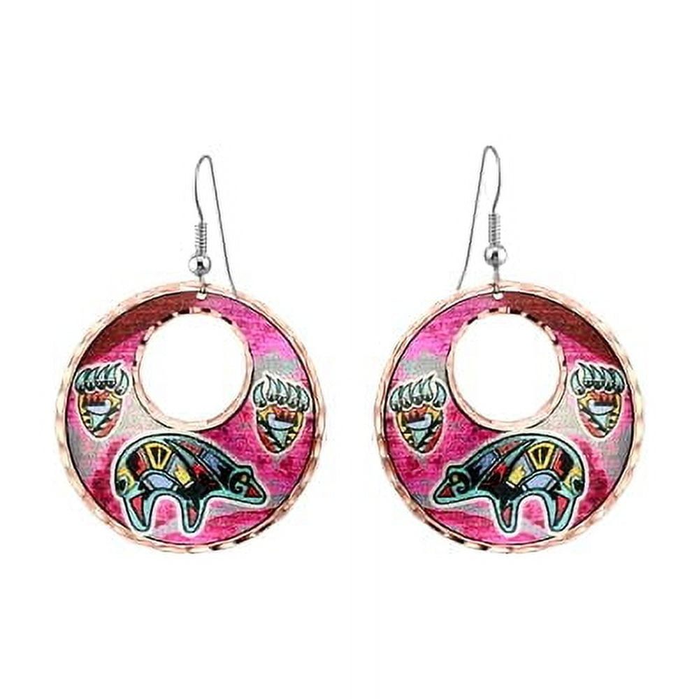 Copper Hoop Earrings featuring designs such as Wolves, Eagle, Bears, Cat, Dolphin, Horse, Inukshuk, Chief, Skull, Butterflies, Dragonflies, Kandinsky, Zuni, Sunburst, and Turtle (SunburstHoop)