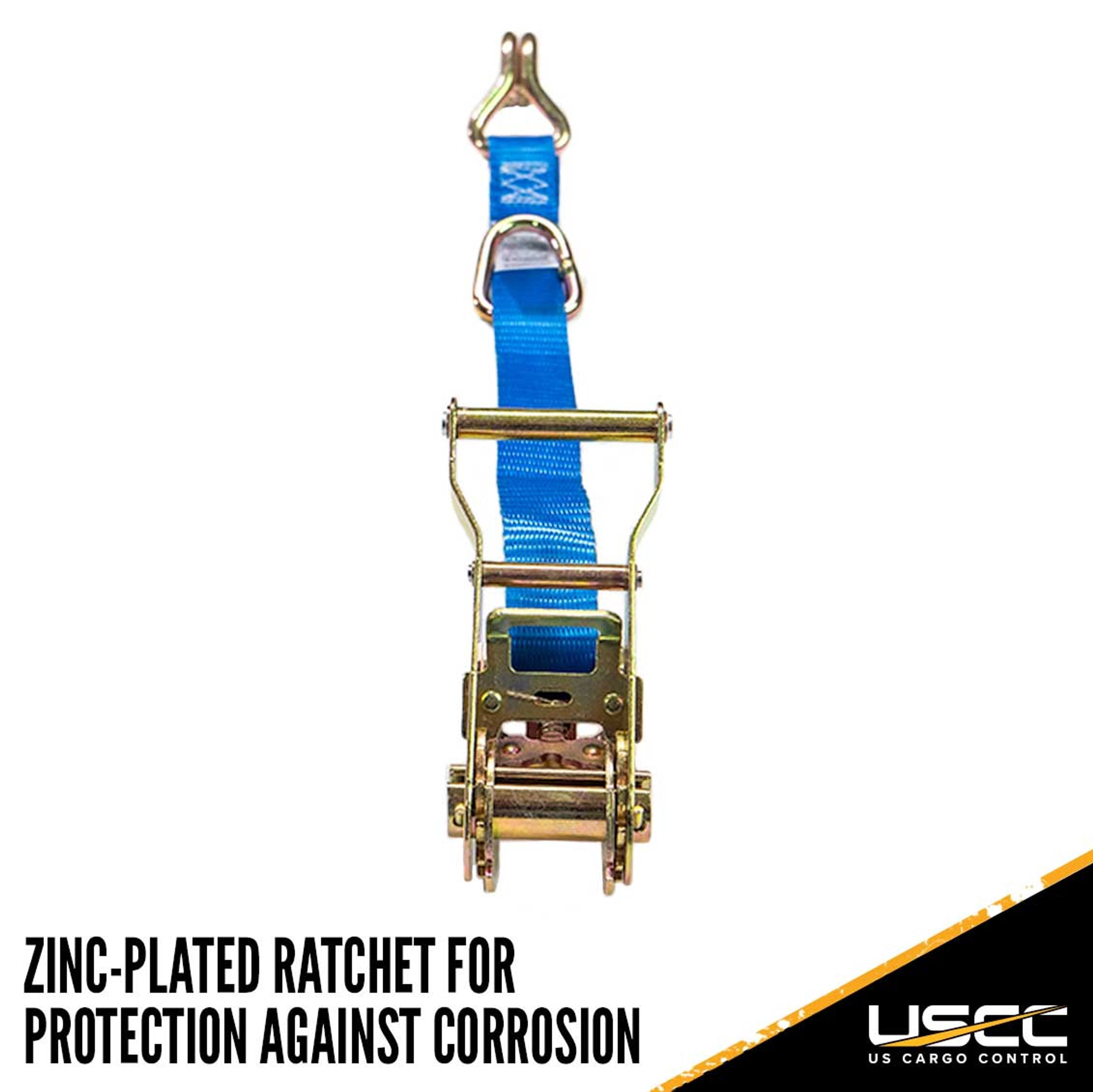 US Cargo Control, Ratchet Strap Tie Downs, J Hook End Fittings With Floating D Ring, 1 Inch Wide X 10 Foot Long, Dependable Cargo Securement, Blue Ratcheting Cargo Tie Down J Hook Straps, 2 Pack