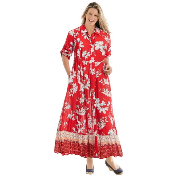 Woman Within Plus Size Petite Roll-Tab Sleeve Crinkle Shirtdress