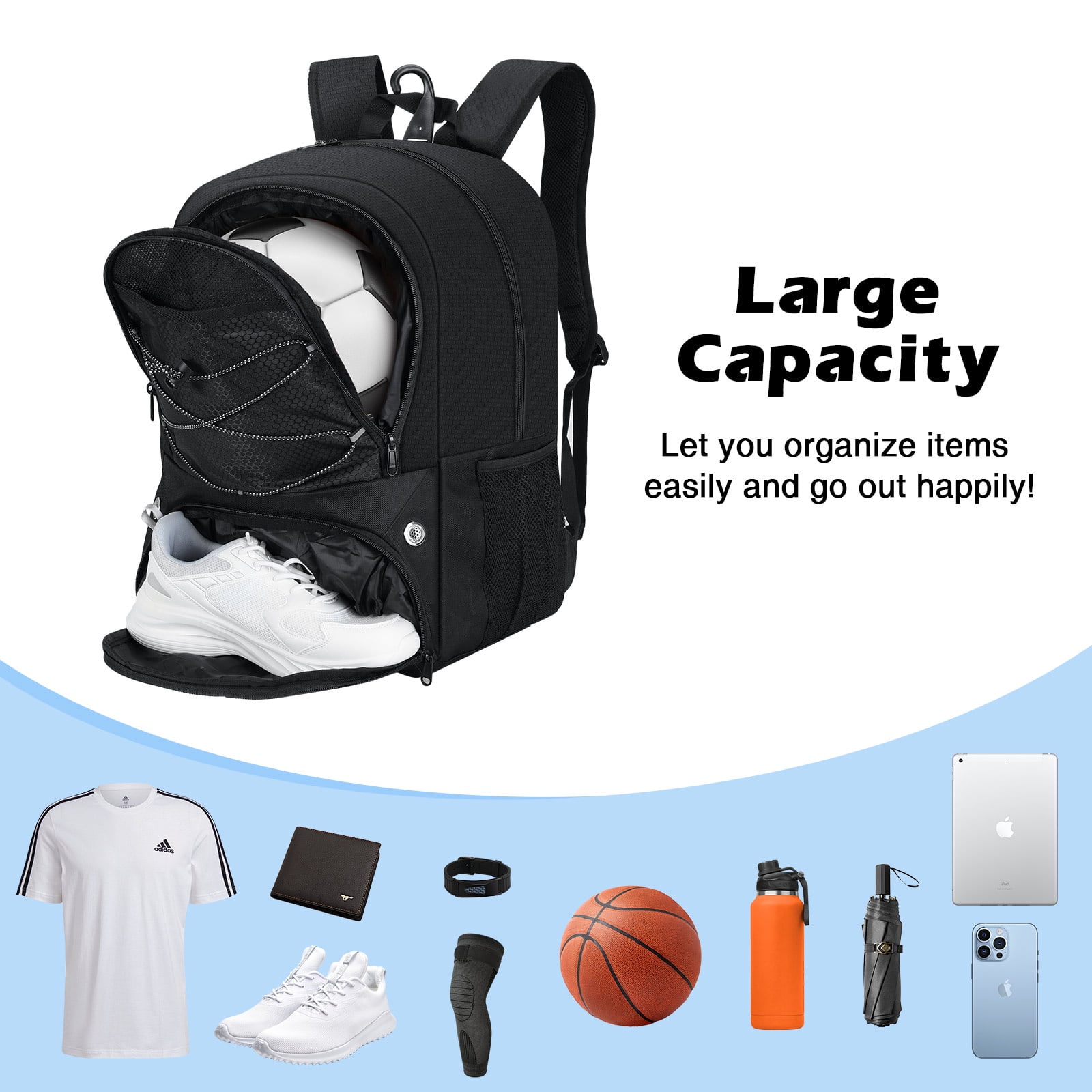 MoKo Basketball Bag Backpack with Ball Shoe Compartment, Sports Equipment Bags for Youth, Black
