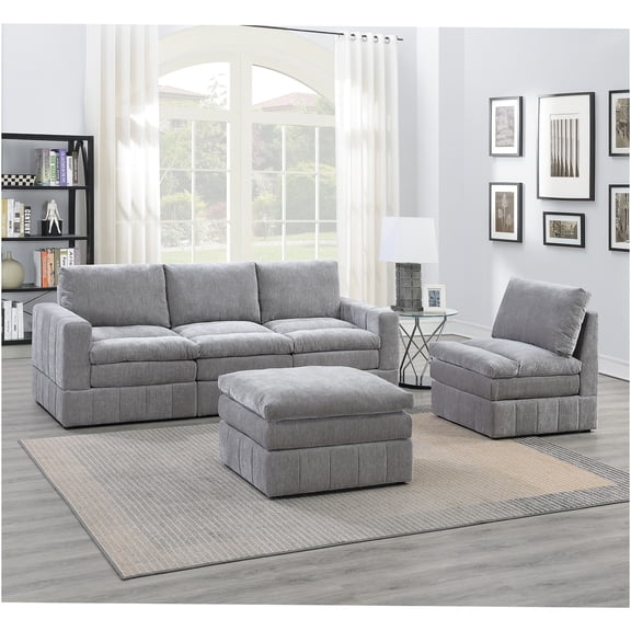 JERFIT Modern 5-Piece Modular Sectional Sofa Set with Ottoman, Plush Pillow Top, Gray Suede Fabric for Living Room