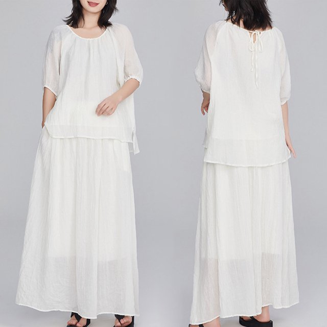 BEFOKA Robe pour Femme Grande Taille, Liquidation de Robes d'Été pour Femmes, Jupe de Complet Ample et Décontractée d'Été pour Femme à Couleur Unie, Manches Mi-Longues, Col Rond