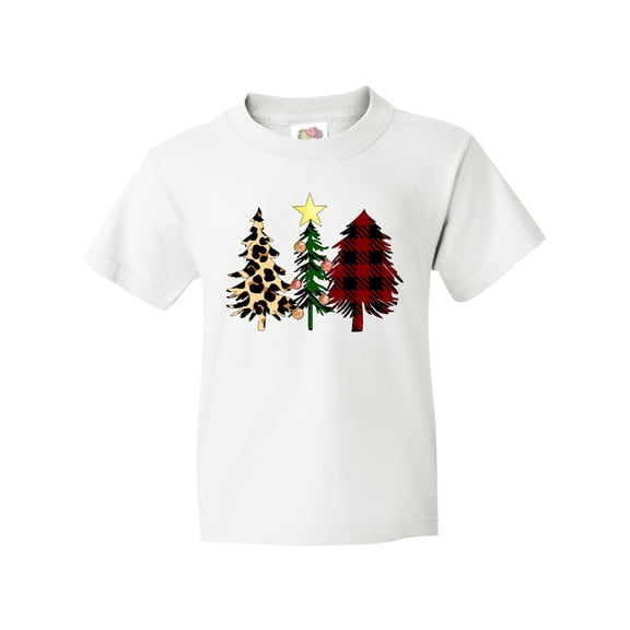 Inktastic Three Christmas Trees in Plaid and Leopard Print Youth T-Shirt