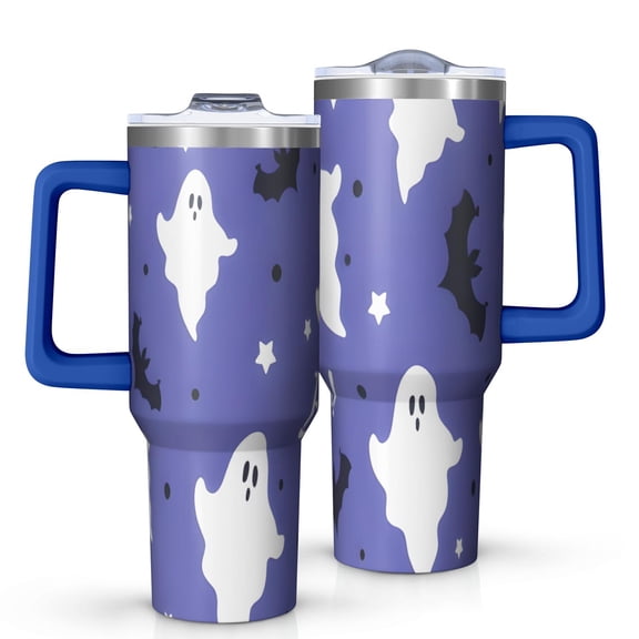 Halloween Ghost Bat Pattern Tumbler with Handle and Lid,40oz Double Wall Vacuum Insulated Tumbler,Cups Gift for Women and Men