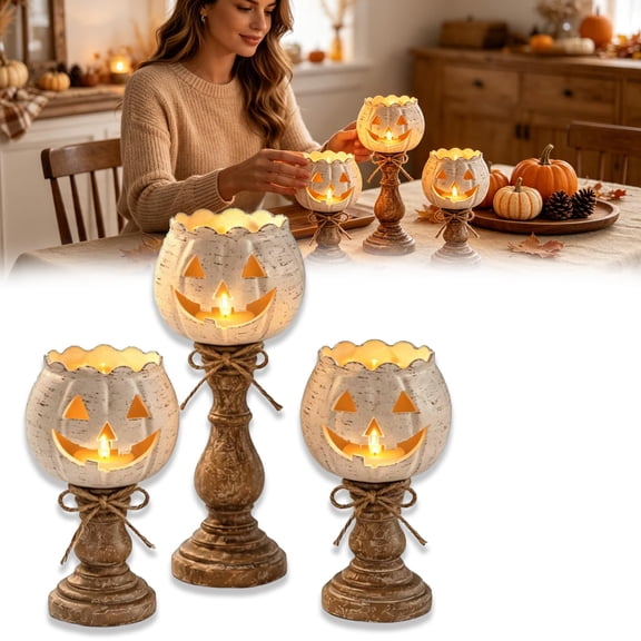 Rustic White Pumpkin Tealight Candle Holder Set,Farmhouse Halloween Pumpkin Tea Light Candles Holders Decor,Not Included Candle
