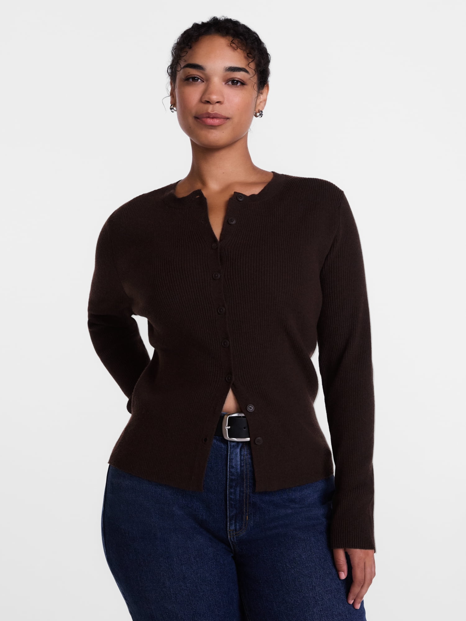 Scenario Women's and Women's Plus Ribbed Crewneck Cardigan Sweater, Lightweight, Sizes XS-4X