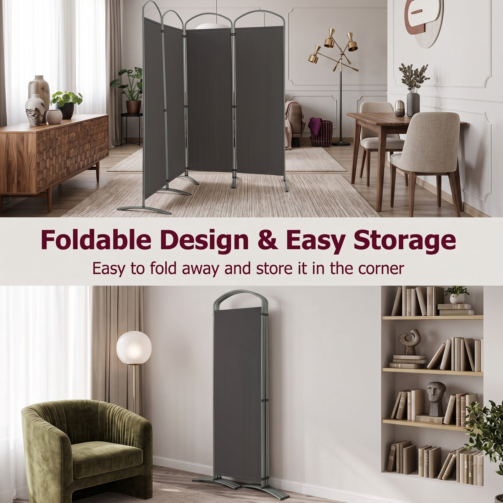 ALPULON 6.2Ft Folding 4-Panel Room Divider Freestanding Privacy Screen Partition for Home Office Living Room Bedroom, Polyester Fabric with Metal Base, Gray