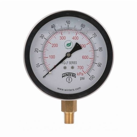 Lead-Free Pressure Gauge, 0 to 100 psi, 4 in Dial, 1/4 in NPT, Bottom Location