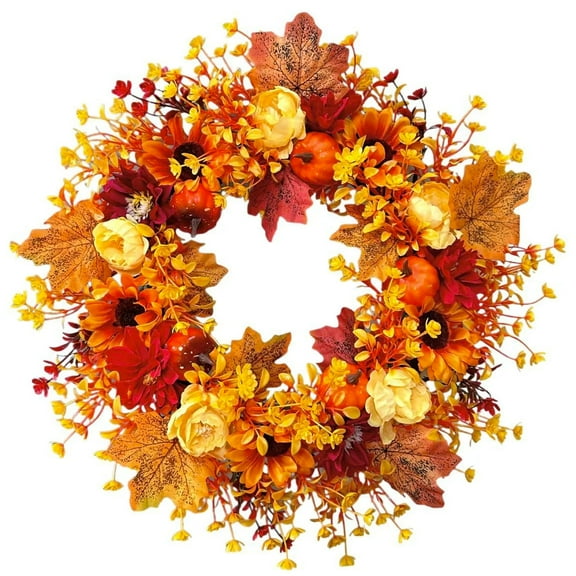 Thanksgiving Decorations - Fall Decor - 18inch Fall Wreath with Pumpkin Maple Leaf for Front Door - Autumn Wreath Artificial Wreaths with Flower for Thanksgiving Halloween Harvest Festival Home Decor