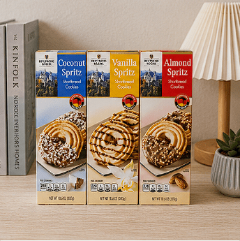 Deutsche Kuche Spritz Shortbread Cookies Coconut Spritz, Vanilla Spritz and Almond Spritz 10.6oz 300g (3 Boxes)