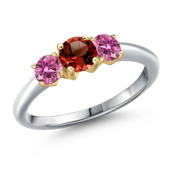 Gem Stone King 925 Silver and 10K Yellow Gold Red Garnet and Pink Moissanite Engagement Ring for Women | 1.01 Cttw | Round 5MM | Gemstone January Birthstone | Size 6
