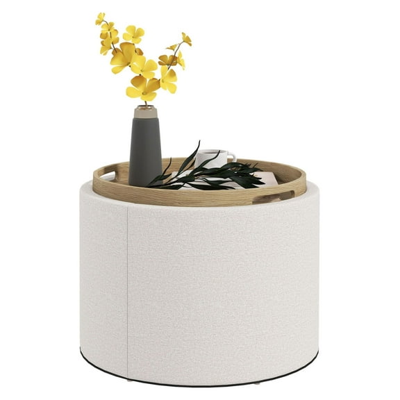 Round Storage Ottoman Coffee Table with Top Tray, Linen Fabric Upholstered Footstool with Compartment