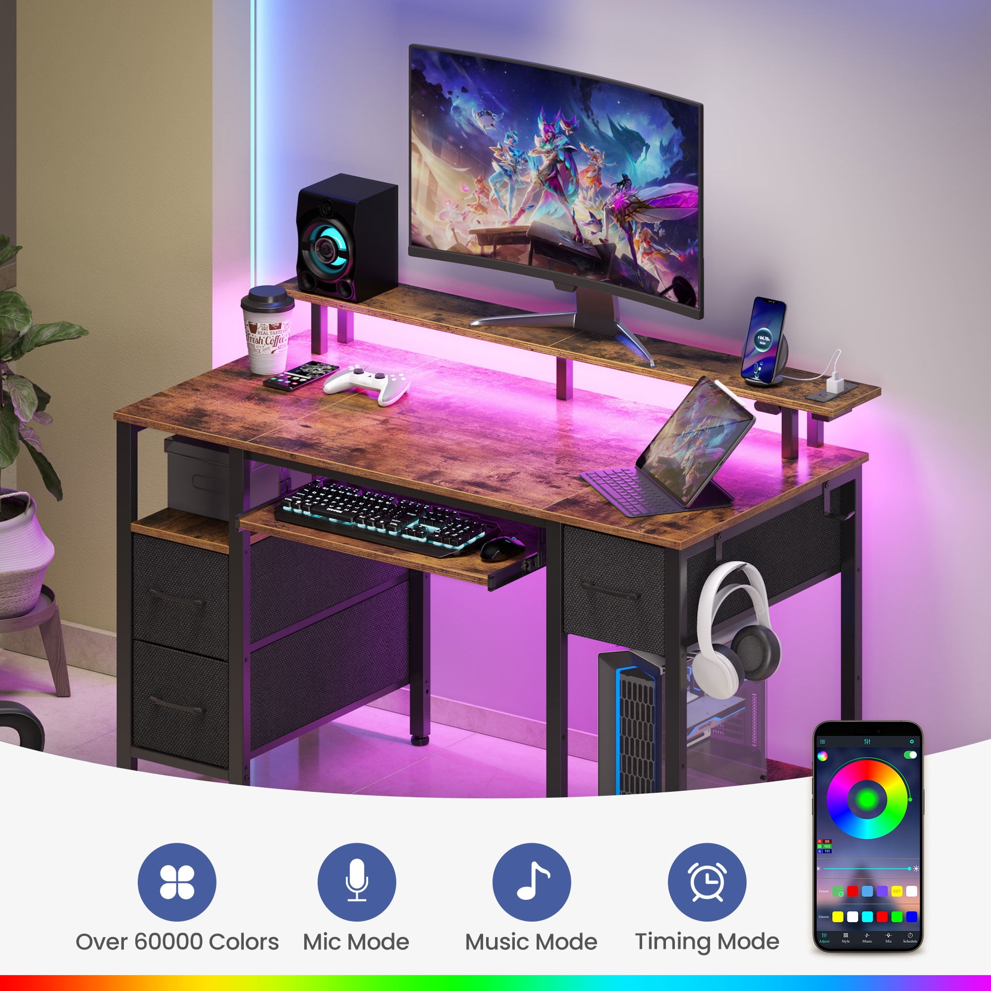 Greenstell 55 inch Gaming Desk with LED Lights, I-Shaped Computer Desk with Storage Drawers, Outlets and Monitor Stand,Home Office Desk, Rustic Brown