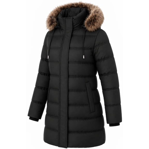 HVEOO Women's Long Winter Coat Waterproof Quilted Puffer Jacket with Hood, Black
