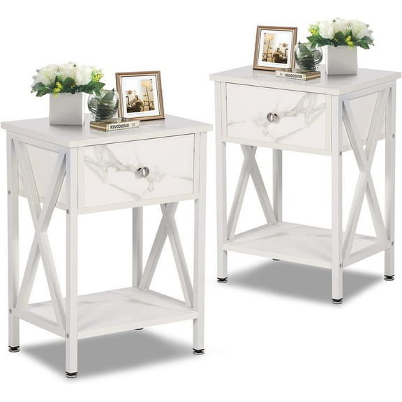 Night Stands for Bedroom Rustic Nightstand Bedside End Tables with Drawer Storage, (Set of 2), Pearl White