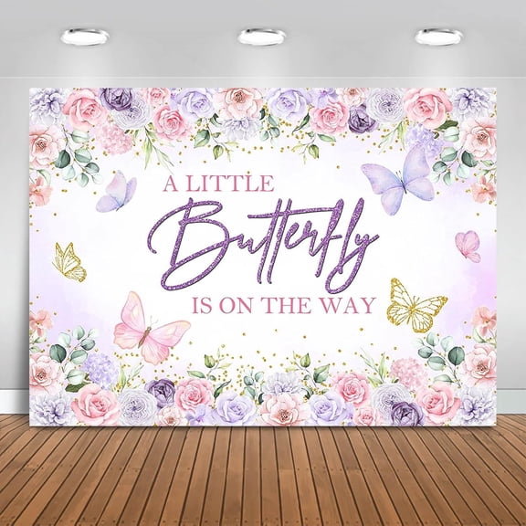 Butterfly Baby Shower Backdrop A Little Butterfly is On Her Way Photography Background Purple and Pink Floral Baby Shower Party Decorations Banner Photo Booth Props