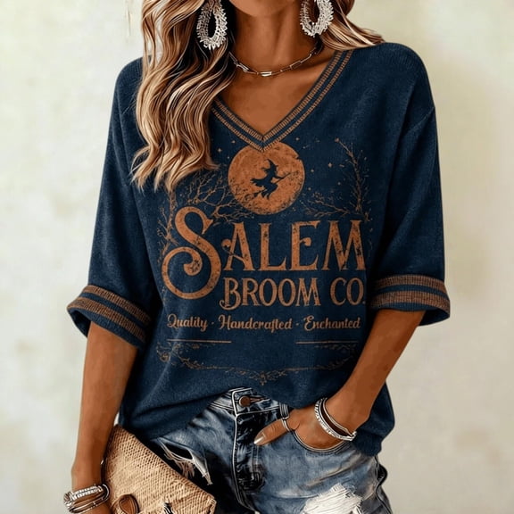 Sweatshirt for Women V Neck 3/4 Sleeve Pullover Vintage Witch Broom Graphic Printed Top Relaxed Fit Casual Fall Halloween Festival Tops Blue XXXL
