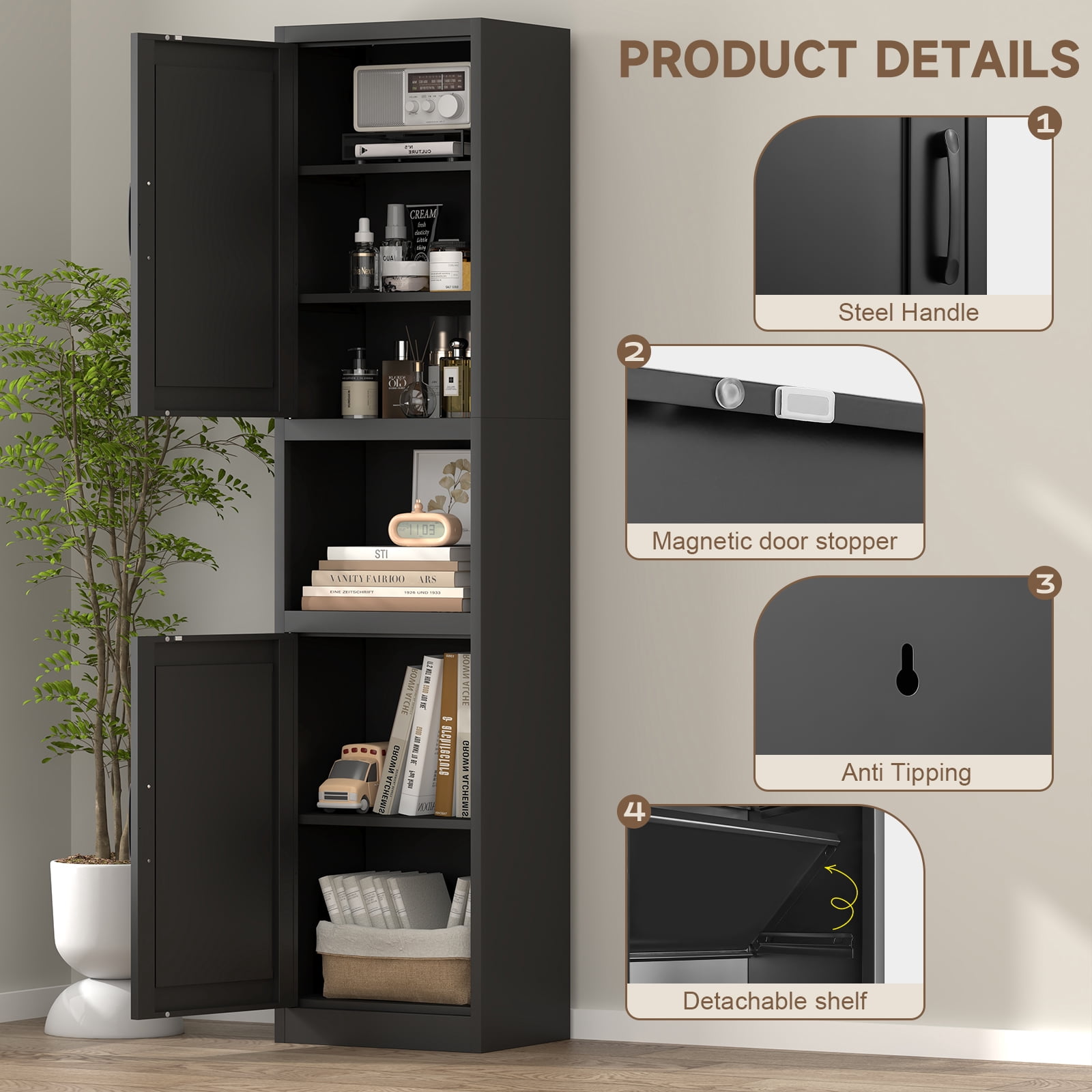 Marcree 67" Tall Bathroom Storage Cabinet, Metal Narrow Storage Cabinet with 2 Doors & 6 Shelves, Slim Skinny Cabinet for Linen, Pantry, Kitchen, Living Room & Home Office, Black