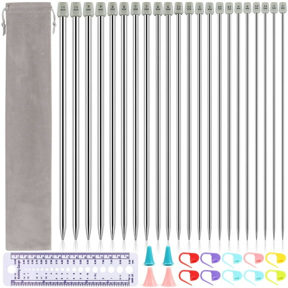 Knitting Needle Set Beginners 3mm-10mm, 11 Pairs Straight Single Pointed Long Sweater Needles Kit with Bag
