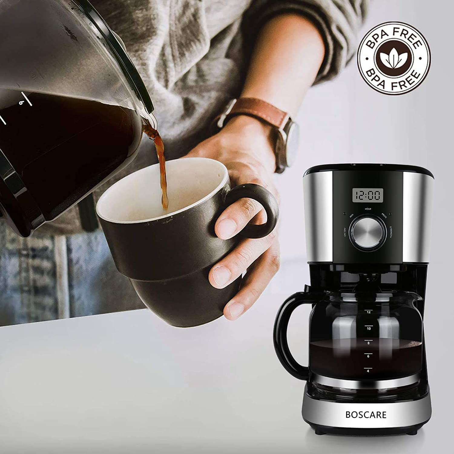 BOSCARE programmable coffee maker,2-12 Cup Drip Coffee maker, Mini Coffee  Machine with Auto Shut-off,Strength Control,Silver Black 