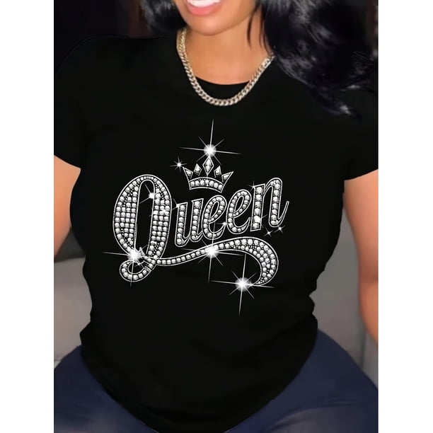 Shiny Queen Letter Print Crew Neck T-shirt, Short Sleeve Casual Top for Summer & Spring, Women's Clothing Tee For Adult, Men, Women, Teen, Teenager, Adolescent, Youth