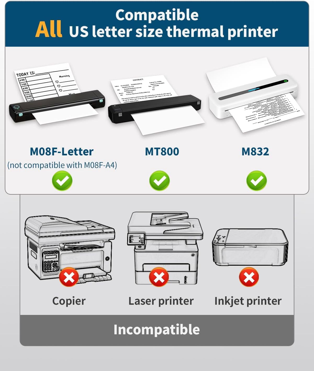 US Letter Thermal Paper - 8.5" x 11" Letter Paper, Compatible with Phomemo M08F-Letter M832 M831 M833 M834 M835 Q301 Q302 & Brother-Letter Thermal Printer for Documents Contracts, 200 Sheets